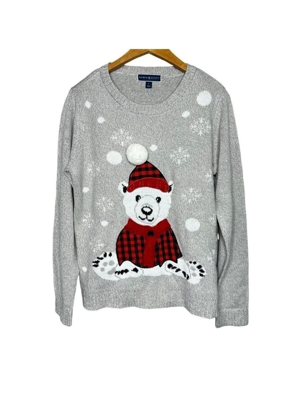 Karen Scott Bear Holiday Sweater With Pom Pom Long Sleeve Womens Size L